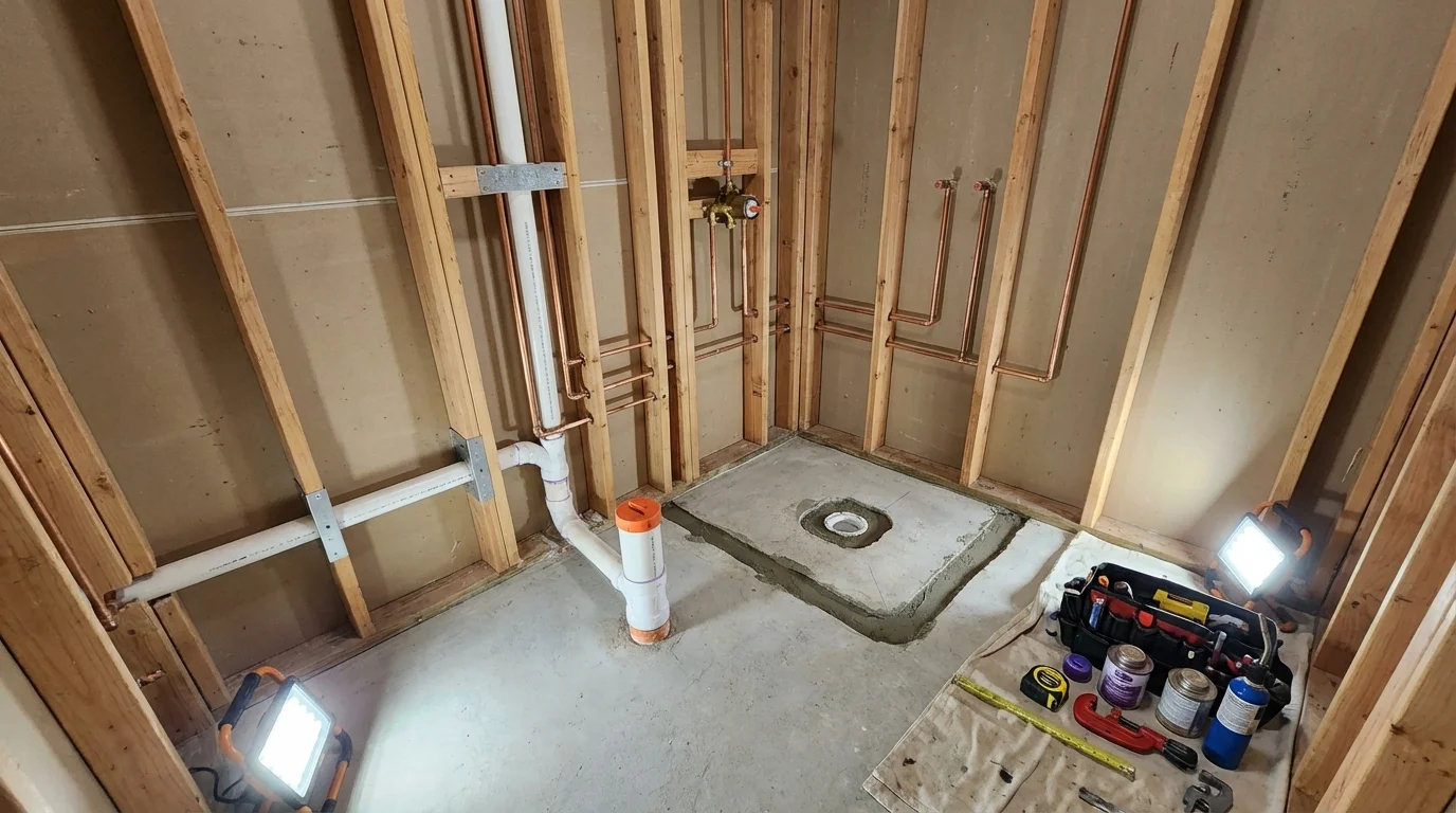 Bathroom rough-in plumbing during remodel by Johns Plumbing LLC in Conley