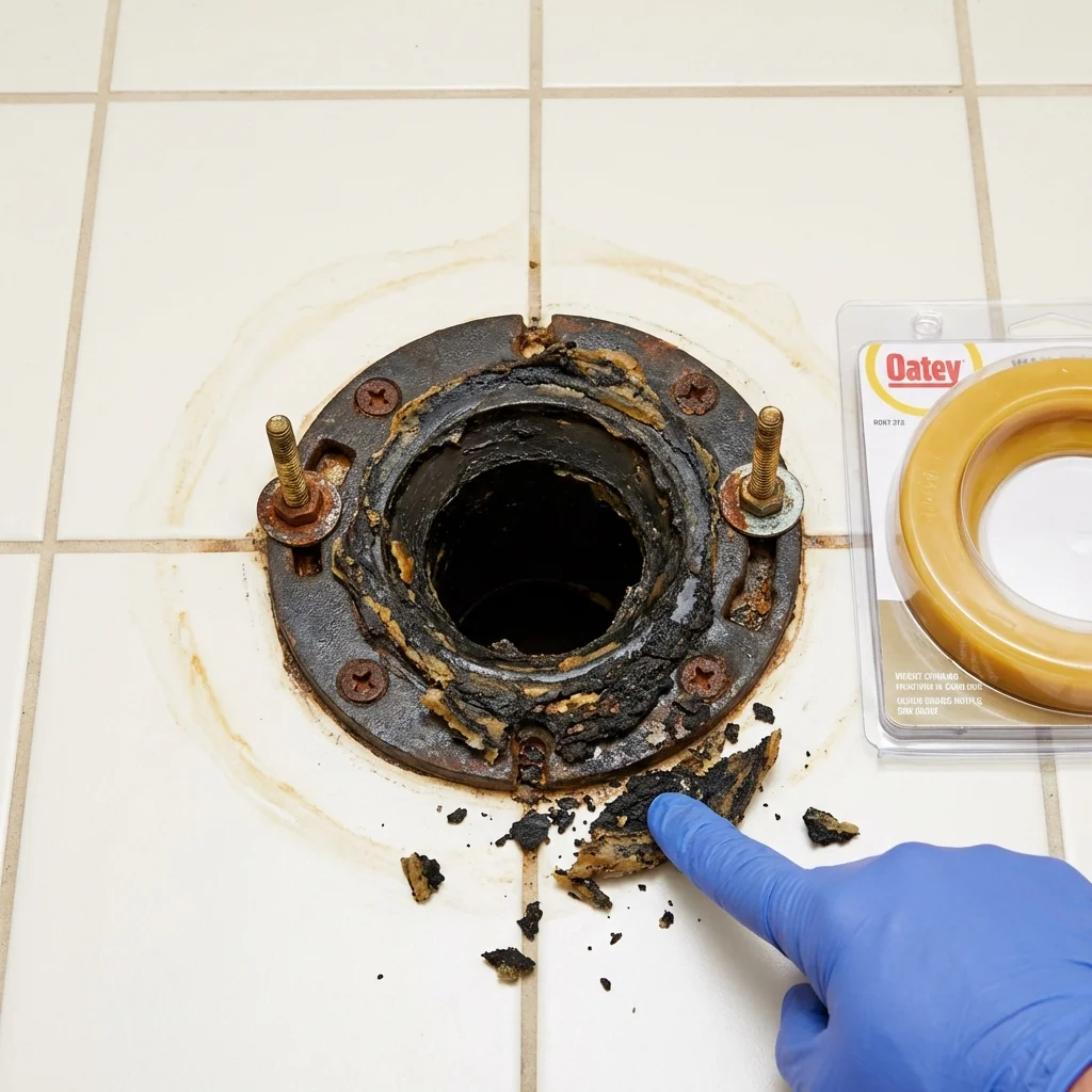 Failed wax ring showing water seepage at the base of a toilet in a Conley, GA home
